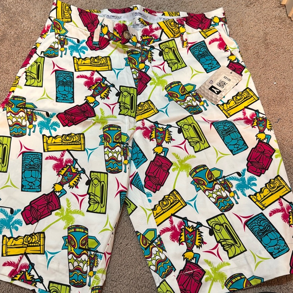 3 brand new Flow Golf Brand golf shorts.  Tropical designs